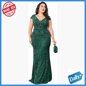 Plus Size Sequin Mermaid Formal Gown Sleeveless V-Neck Floor Length Dress